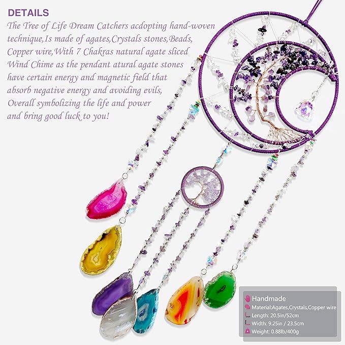 Large Dream Catchers, Crystal Tree of Life Dreamcatcher with Rainbow Healing Agate Slice Wind Chime Suncatcher for Windows Hangings Prism Decoration Gifts for Adult Girls Bedroom Garden Room Decor