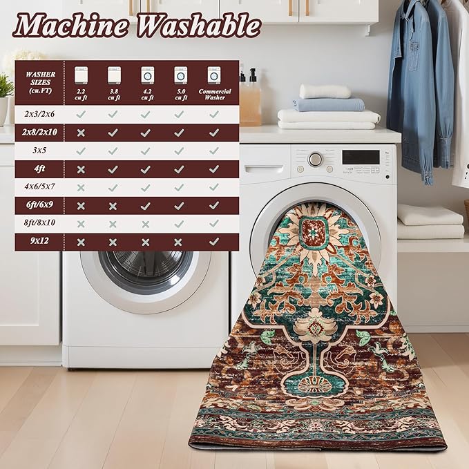 U'Artlines Boho Vintage Round Area Rug 8ft Machine Washable Low Pile Soft Floor Carpet Non Slip Non Shedding Accent Rug for Living Room Bedroom Entryway Dining Room Office Rust＆Teal