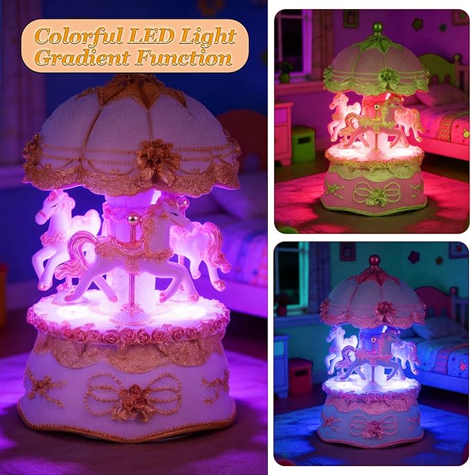 Carousel Music Box，Luxury Color Change LED Light Music Box,Luminous Rotating 3-Horse Musical Box with Gift Box for Girls Birthday Valentine Gift (You are My Sunshine, Gold)