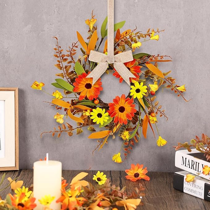 4 Pcs Mini Fall Autumn Swags Wreaths Thanksgiving Artificial Daisy Candle Rings Wreaths Autumn Cabinets Farmhouse Wreath with Ribbon for Pillar Front Door Porch Wall Window Decoration