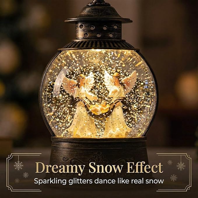 9.7'' Christmas Angel Snow Globe, Musical Lighted Water Lantern, Retro Decoration with Swirling Glitter, USB Powered and Battery Operated, Xmas Home Décor Gift (Baby Jesus with Angel)