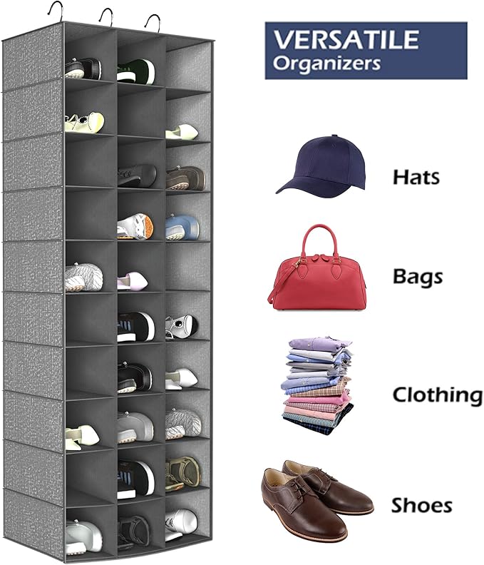 Libeder Hanging Closet Organizers - 30 Section Shoe Shelves, Space Saving Shoe Holder Grey