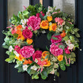 24 Inch Spring Wreaths for Front Door Outside,Handcrafted Garden Rose & Peony Style Summer Wreath with Pink,Orange Ivory Flowers- Lush Spring Door Wreath for Farmhouse Home Wall Porch Window