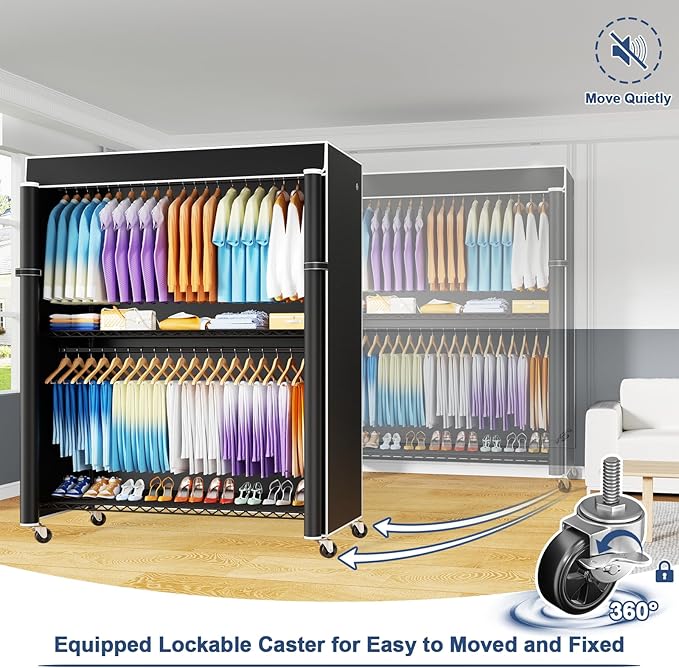 P8C Max Heavy Duty Clothes Rack（With Extended Width Design） Rolling Clothing Racks for Hanging Clothes with Lockable Wheels，51.2"W x 15.8"D x 80.5"H，Load 700LBS，Black Rack with Black Cover
