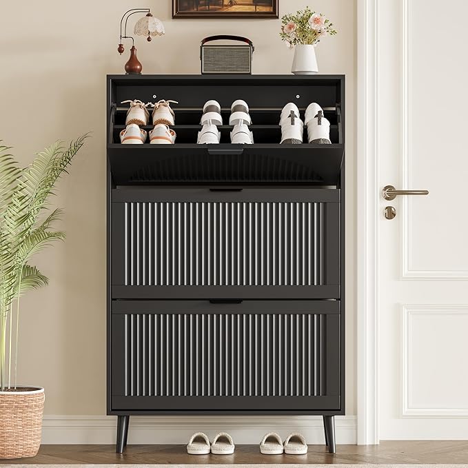 Shoe Cabinet for Entryway with 3 Flip Drawers, Slim Wooden Shoe Storage Organizer with Modern Fluted Pannel，Freestanding Narrow Hidden Shoe Rack for Hallway, Foyer, Living Room