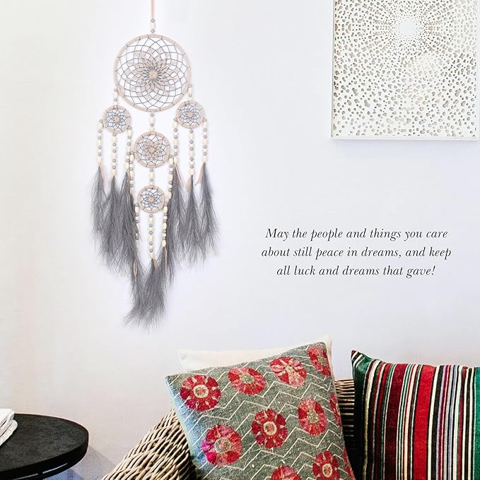 Pretty Jolly Grey Pampas Grass Dream Catchers Wall Decor with Handmade Large Native Americans Witch Dreamcatcher with Wood Beads for Adults Bedroom Wedding Garden Bless Birthday Gift-5 Rings