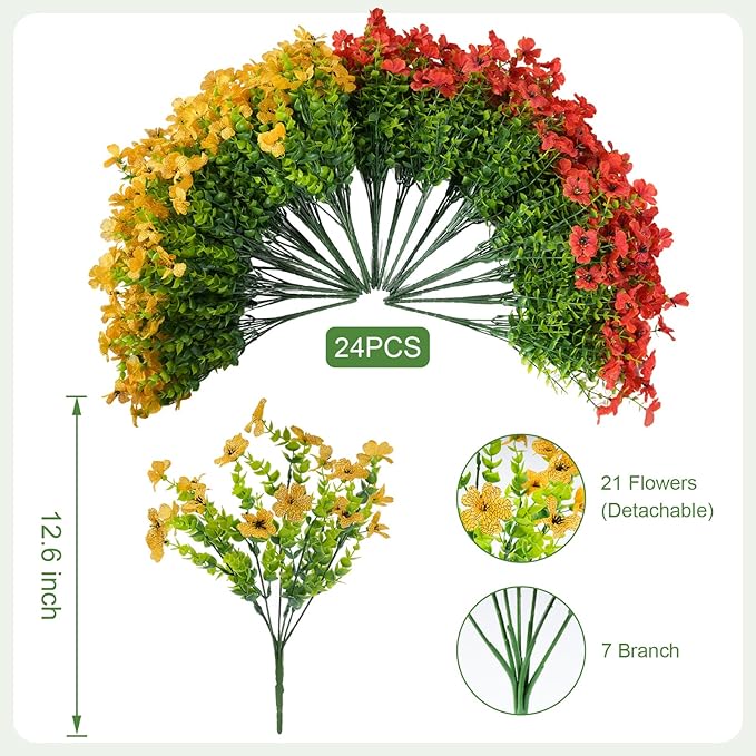 24 Bundles Artificial Fall Flowers for Outdoor Realistic Faux Flower Garden Home Decoration,Hanging Autumn Fall Decor Daisy with Eucalyptus Leaves Fake Plants Greenery Porch Patio Front Door Decors