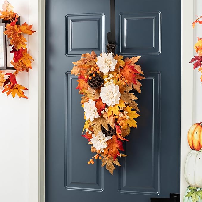 Glitzhome 2 Pcs Fall Teardrop Swags for Front Door, 28''H Autumn Swag with Lotus, Lotus Pod and Berry, Fall Swags for Front Door, Thanksgiving Harvest Festivals Decor