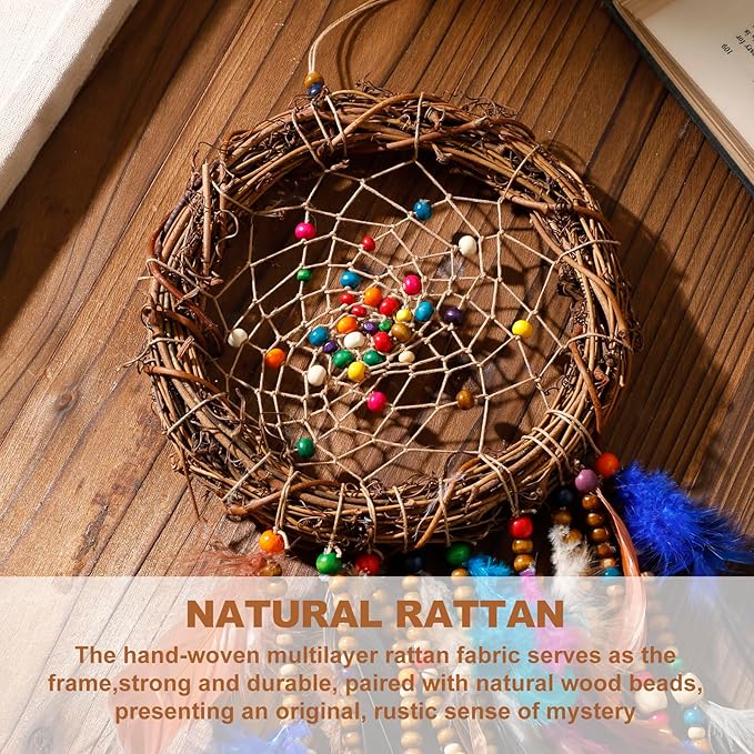 Dream Catcher Native American Boho Dreamcatcher Rattan Wall Decor, Handmade Natural Peacock Feathers Purple Colorful Beaded Hanging Ornament Indian Decor for Girls Bedroom(Purple Peacock Feather)