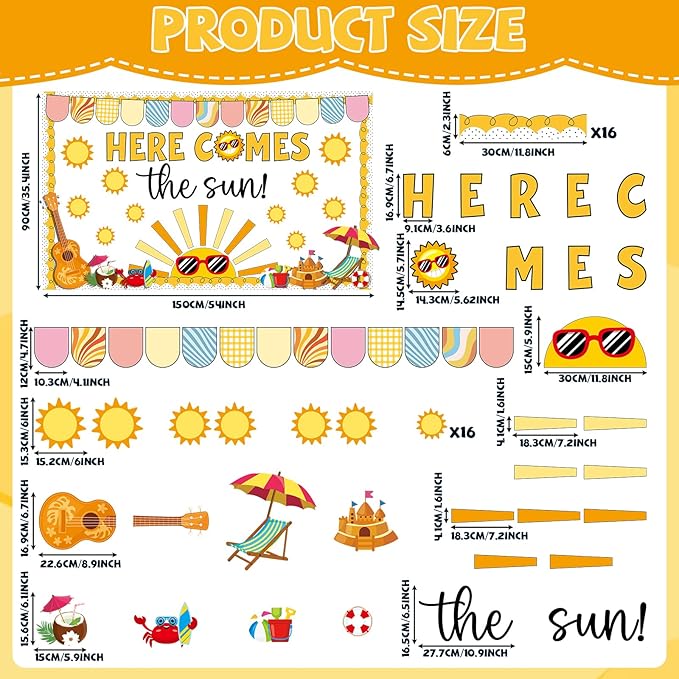 Summer Shine Bright Sun Bulletin Board Set Here Comes The Sun Paper Cutouts Classroom Decorations Tropical Beach Name Tags for Teacher Back to School Nursery Chalkboard Home Wall Door Decor Supplies