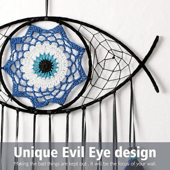 Dremisland Evil Eye Dream Catcher-Blue Black Dream Catchers Handmade Feather Evil Eye Wall Hanging Ornament Home Decor for Bedroom Livingroom Yard, Blessing Craft Gift Bring Good Luck (Blue-Black)