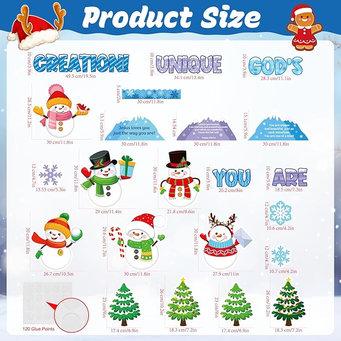 Christian Christmas Bulletin Board Decorations Set - Religious Classroom Decor - God Made Me Unique Snowflake Snowman Cutouts for Xmas, Winter Holiday School Wall Decor