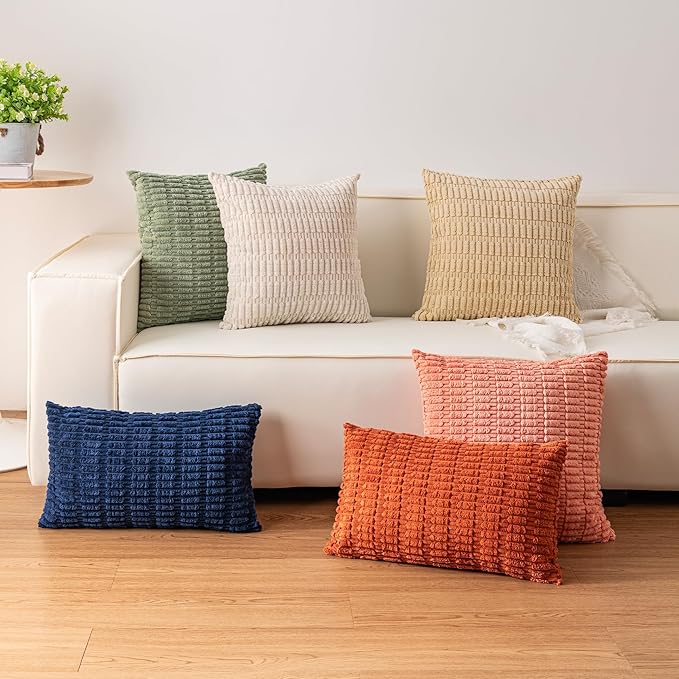 Aegero Pack of 2 Corduroy Decorative Throw Pillow Covers 20x20 InchSoft Boho Striped Pillow Covers Modern Farmhouse Home Decor for Sofa Living Room Couch Bed（Sage Green）