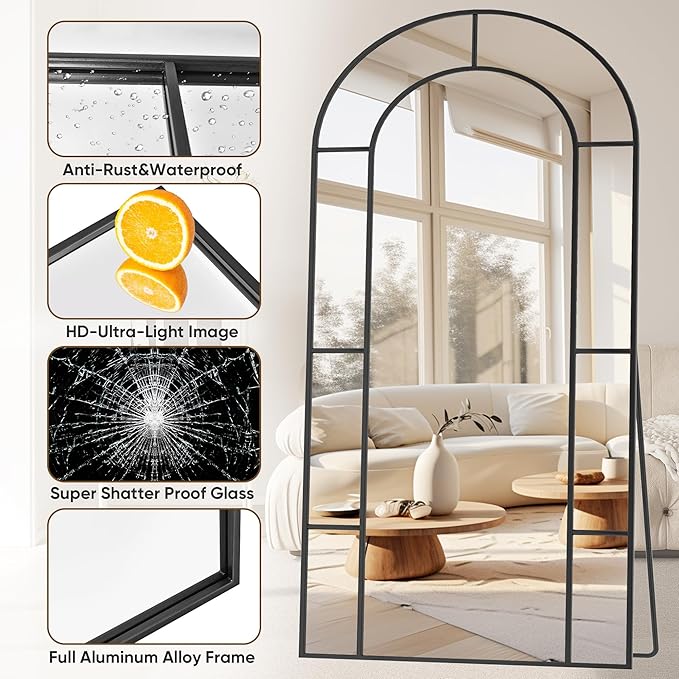 Antok 81" x 41" Full Length Mirror, Floor Mirror Arched Window Decorative Mirror, Metal Framed Decor Farmhouse Floor Mirrors Art Pane Mirrors Wall Decor for Bedroom, Living Room, Entryway Bronwn