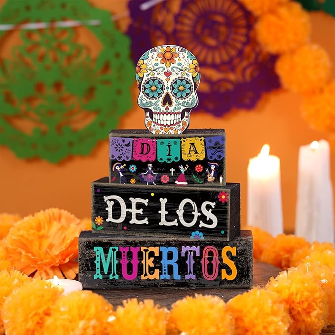 Lineshading 4 Pcs Day of The Dead Table Decorations Day of The Dead Centerpiece for Table Dia De Los Muertos Tiered Tray Decor Wood Sugar Skull Block Signs for Halloween Party Home Shelf Decoration