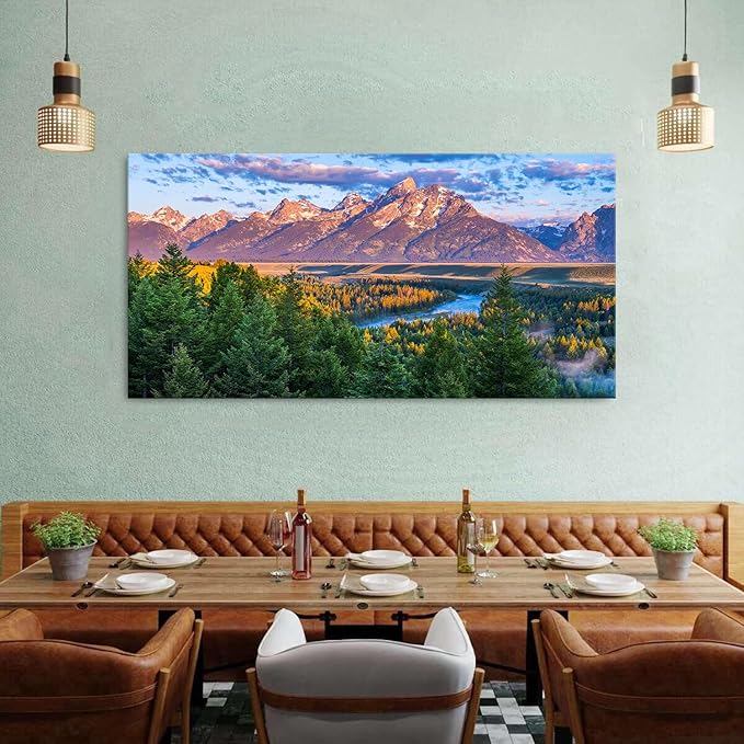 Grand Teton Mountain Wall Art Sunset Nature National Park Posters Oxbow Bend Snake River Landscape Wall Decor Wyoming Scenery Painting Artwork for Living Room Office Home Decoration 29.53x57.87"