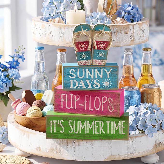 Lineshading 4 Pcs Summer Table Decorations Wooden Flip-flop Stacked Block Decor, "Sunny Days It's Summertime" Signs with Beach Sandal Topper, Rustic Coastal Tiered Tray Decoration for Home Coffee Bar