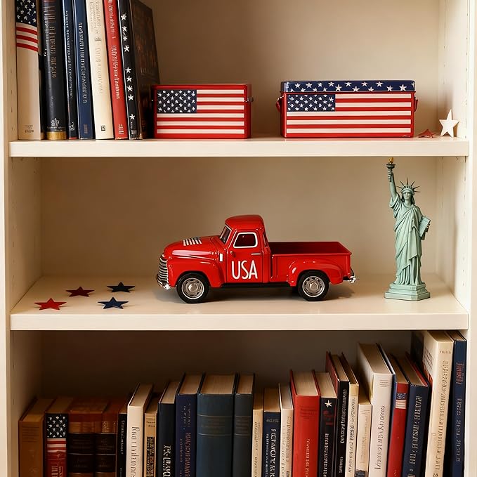4th of July Truck Decorations - Farmhouse Metal Truck Car Decor with Stars Decorations, Patriotic Centerpieces for Tables - Lndependence Day Memorial Day Red White and Blue Tiered Tray Decor