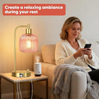 QiMH Industrial Table Lamp for Bedroom Set of 2, Pink Glass Beside Lamp with USB A&C Ports, Stepless Dimmable Gold Lamps, Nightstand Lamps for Living Room, Office, Home Decor(Bulb Included)