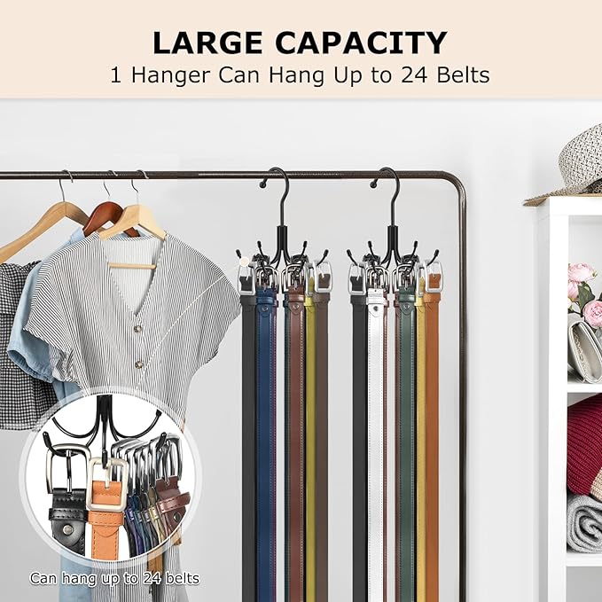 Belt Hanger, Metal Belt Rack Holder, 360° Rotatable, Maximum 24 Storage Capacity, Black, 2 Pcs