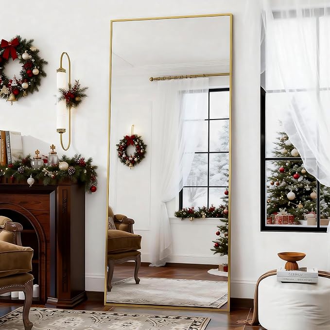 BEAUTYPEAK Full Length Mirror with Stand, 65"x24" Floor Mirror with Aluminum Alloy Thin Frame, ShatterVue Tempered Full Body Mirrors, Free Standing or Wall-Mounted Mirrors for Living Room, Gold