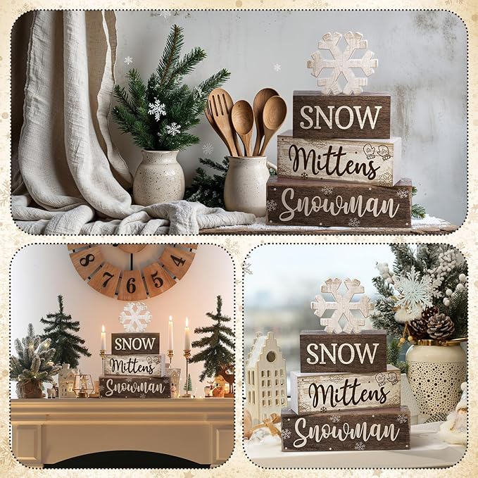 Moucuny 4 Pcs Winter Table Decorations Wooden Snowflake Decor Christmas Tiered Tray Decor Rustic Decorative Snowflake Block Sign Gift Winter Table Centerpiece for Wonderland Party Home Kitchen