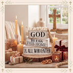 Moucuny 4 Pcs Christian Table Decor Rustic Wooden Block Sign Set with God Bless This Home & All Who Enter Farmhouse Stacked Decor with Beaded Garland Tassel Christian Home Decors for Office, Shelf