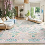 Lessymo 8x10 Washable Rug for Living Room, Soft Non Slip Pink Area Rugs for Bedroom Nursery Dining Room, Low Plie Boho Forest Large Carpet Botanical Colorful Cute Flower, Pink Green