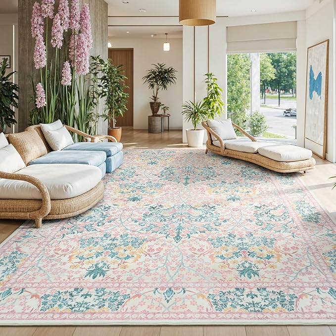 Lessymo 8x10 Washable Rug for Living Room, Soft Non Slip Pink Area Rugs for Bedroom Nursery Dining Room, Low Plie Boho Forest Large Carpet Botanical Colorful Cute Flower, Pink Green