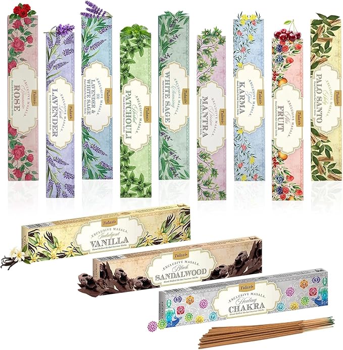 Tulasi Natural Incense Sticks Assorted/Variety Pack – 180 Hand-Rolled Sticks, 12 Fragrances | Lavender, White Sage, Sandalwood, Palo Santo, Rose | Aromatherapy & Meditation