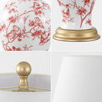 JONATHAN Y 24" White/Red French Country Ceramic Floral Urn Table Lamp, White Linen Shade, Chinoiserie Ginger Jar Bedside Lamp for Living Room Bedroom, LED Bulb (JYL3009C)