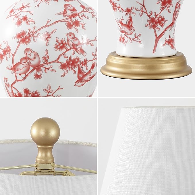 JONATHAN Y 24" White/Red French Country Ceramic Floral Urn Table Lamp, White Linen Shade, Chinoiserie Ginger Jar Bedside Lamp for Living Room Bedroom, LED Bulb (JYL3009C)