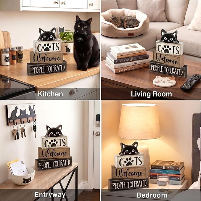 Lineshading 4 Pcs Farmhouse Table Decor Vintage Wooden Black Cat Stacked Sign - "Cats Welcome, People Tolerated" Funny Rustic Tiered Tray Decor for Animal Lovers, Home, Room, Cat Cafe Decorations