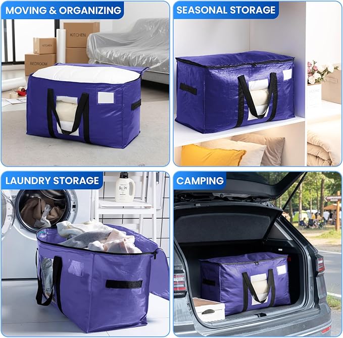 TAILI 2 Pack Dark Blue Extra Large Moving Bags, Heavy Duty Totes with Visible Window, Wrap Around Handles, Great for Storage