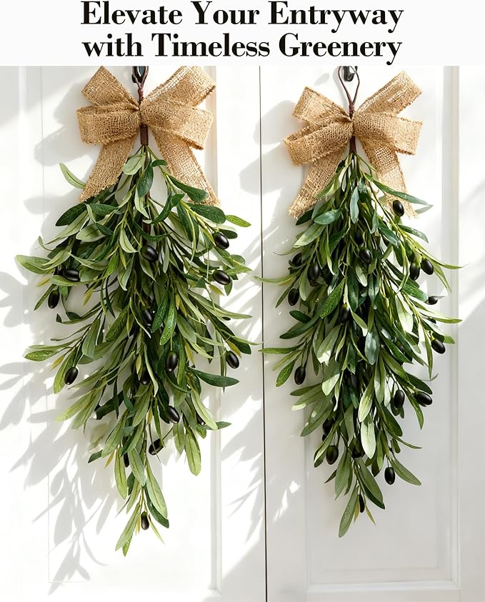 2 PCS Artificial Olive Teardrop Swag 23.6 Inch Large Faux Greenery Olive Branch Swag with UV Resistant Coating, Burlap Bow for Front Door Kitchen Cabinet Wall Lush Farmhouse All Seasons Decor