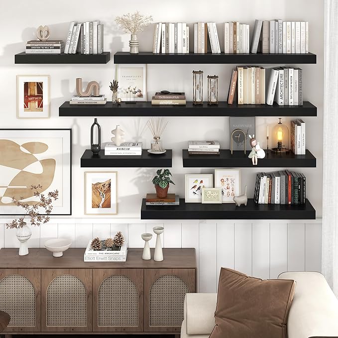 Venusmiles Floating Shelves for Wall, 48" W x 12" D x 2" H, 2 Pack of Long Wall Mounted Engineered Wood Shelves with Invisible Brackets for Living Room, Bedroom, Bathroom, Kitchen Decor, Black