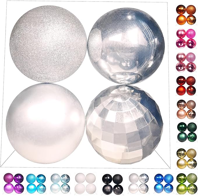 Emopeak 4Pcs Christmas Balls Ornaments for Xmas Christmas Tree - 4 Style Shatterproof Christmas Tree Decorations Hanging Ball for Holiday Wedding Party Decoration (Silver, 4"/10CM)