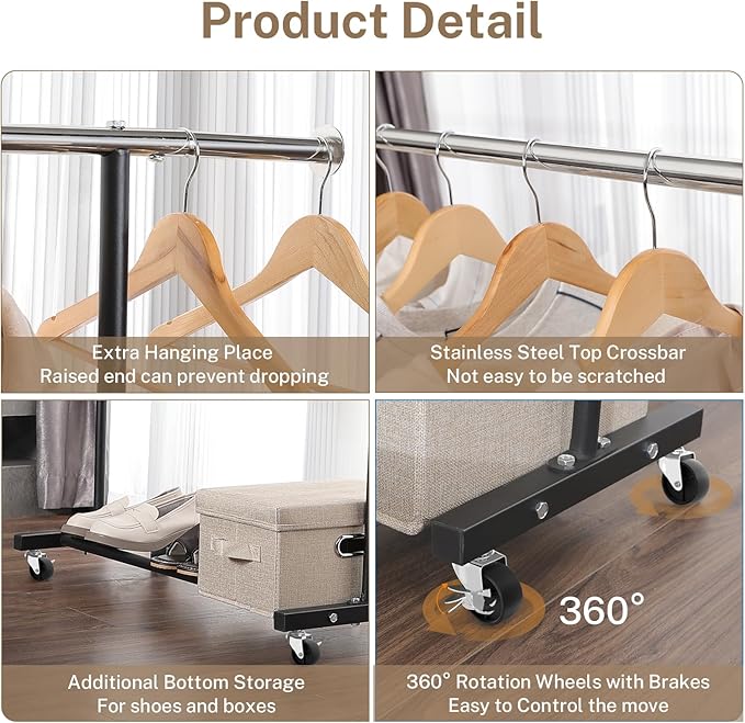 Clothes Rack, 130LB Capacity Heavy Duty Clothing Rack with Wheels and Bottom Shelf, 52.17 Inch Rolling Racks for Hanging Clothes, Coats, Shirts, Sweaters, Skirts, Dress, Black
