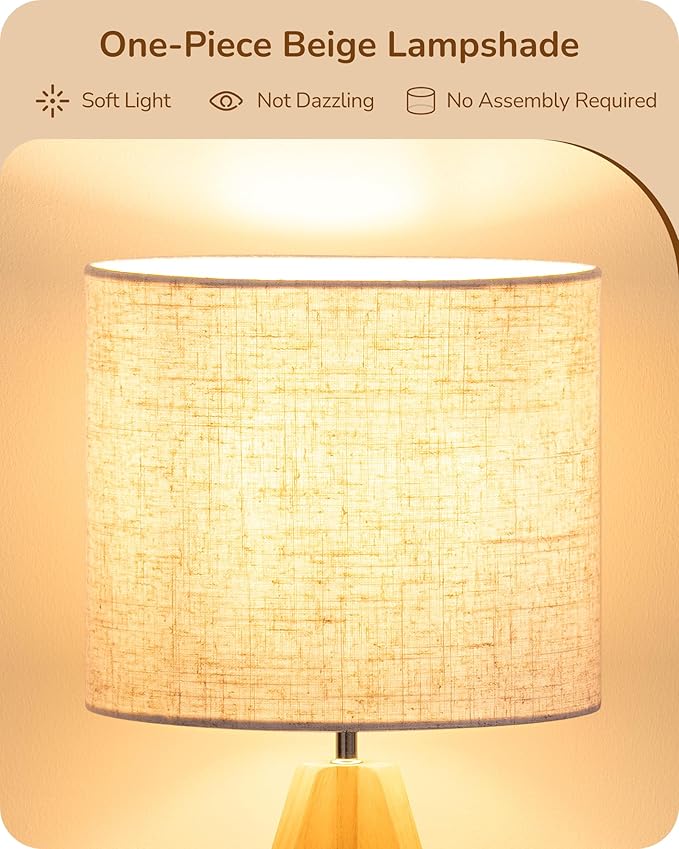 EDISHINE Small Table Lamp, Boho Bedside Lamp with Linen Fabric Shade, Wood Tripod Nightstand Lamp for Nursery, Living Room, Bedroom, Narrow End Table, UL Listed, 14.2 Inch, ON/Off Switch