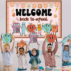Pajean Welcome Back to School Bulletin Board Set Hippie Retro Classroom Decorations Cute Stationery Apple Cutouts with Groovy Daisy Borders for First Day of School Library Decor Office Supplies