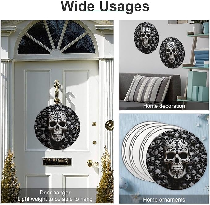 Wall Picture, with Black and White Skulls Printed Circular Iron Hanging Picture,Wall Art Decor,Home for Bedroom Living Room Bathroom Decor,Iron Painting 11.8X11.8 in