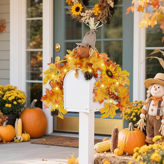 winemana 31.5in Outdoor Fall Decor for Mailbox, Lighted Fall Swag with 8 Modes & Timer, Autumn Scarecrow & Sunflower Thanksgiving Table Centerpiece Decorations