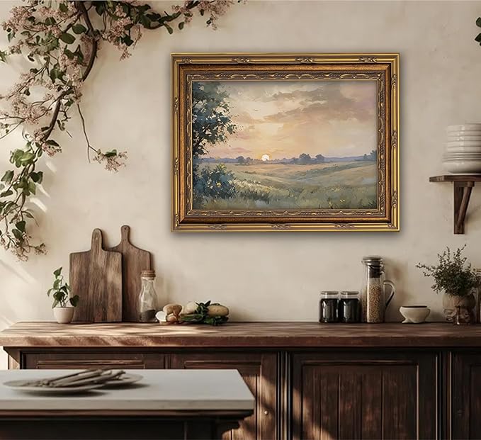 Vintage Gold Framed Wall Art Retro Fall Sunset Country Oil Painting Canvas Prints Watercolor Autumn Landscape Picture Rustic Farmhouse Soft Nature Poster Artwork for Living Room Bedroom, 12x16in