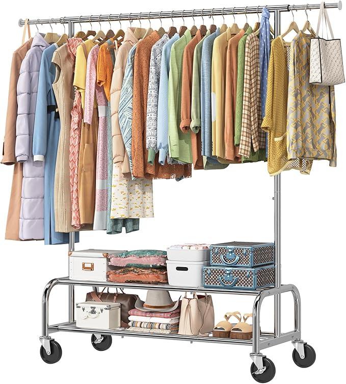 Simple Trending Heavy Duty Clothes Clothing Rack for Hanging, Rolling Garment Rack with Shelves