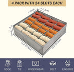 4 Pack 96-Cell Fabric Sock Organizer and Tie Organizer For Men - Fabric Foldable Drawer Divider for Socks, Underwear, Ties and Belts - Foldable, Multi-Cell Design, Space-Saving (Grey)