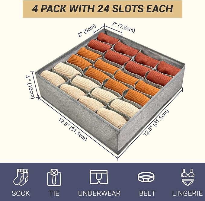 4 Pack 96-Cell Fabric Sock Organizer and Tie Organizer For Men - Fabric Foldable Drawer Divider for Socks, Underwear, Ties and Belts - Foldable, Multi-Cell Design, Space-Saving (Grey)