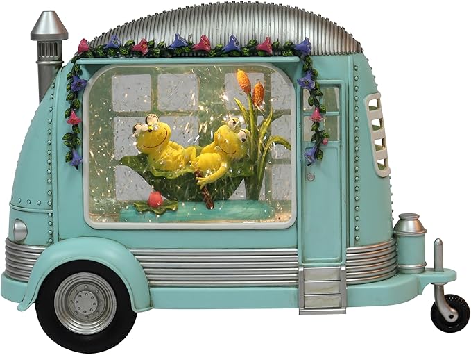 Spring Camper Water Globe with Frogs 6.75” Acrylic Snow Globe LED Lights Water Spinning Glitter Battery Operated Easter Spring Home Decoration