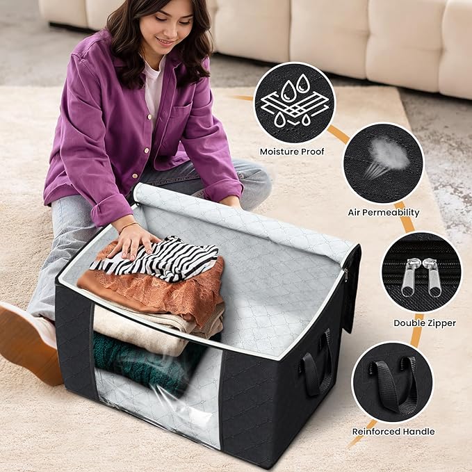 Fab totes 24 Gallons Clothes Storage, Foldable Thick Fabric Blanket Storage Bags, Containers for Organizing Bedroom, Closet, Clothing, Comforter, Organization with Handle (4 Pack,Black)