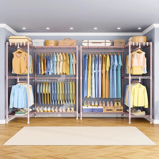E15 Pro Garment Rack L Shaped Clothes Rack for Corner，Freestanding Clothing Racks for Hanging Clothes，Heavy Duty Closet System with 4 Hanging Rods & 8 S Hooks，48.8"W x 15.8"D x 78.4"H，Pink