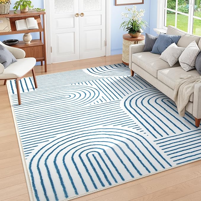 Lahome Abstract 8x10 Area Rugs, Soft Washable Blue Rugs 8x10 Living Room Rugs for Bedroom Dining Room, Ultra-Thin Accent Carpet for Office Dining Room(8x10ft,Blue/White)